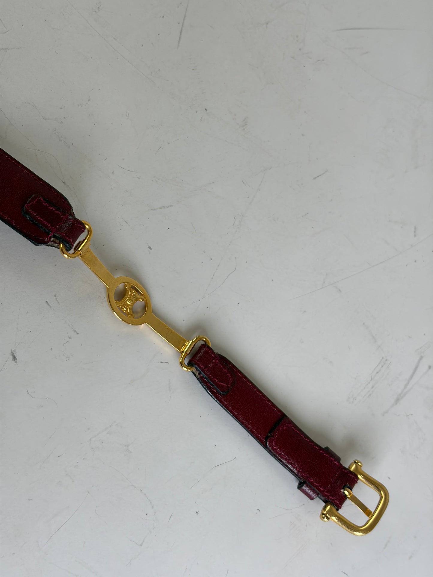 Vintage Celine Leather Logo Belt Burgundy Gold