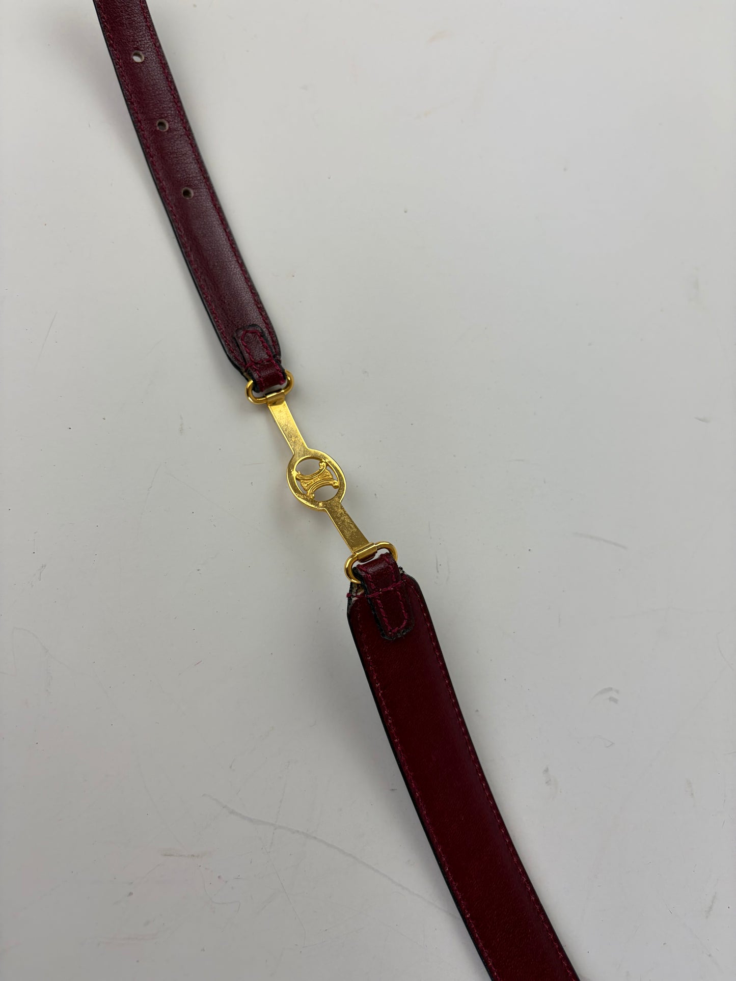 Vintage Celine Leather Logo Belt Burgundy Gold
