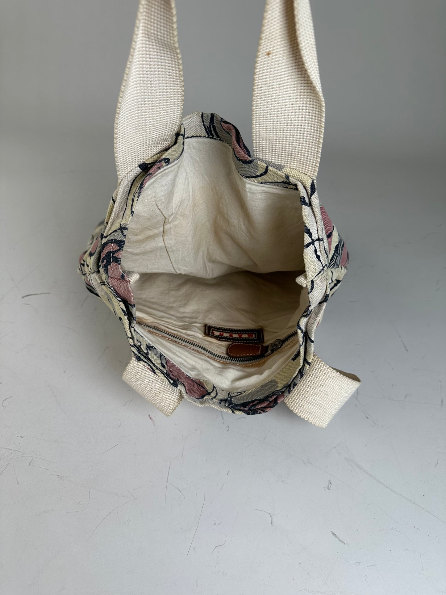 Vintage Marni Abstract Floral Canvas Tote Cream Pink Black