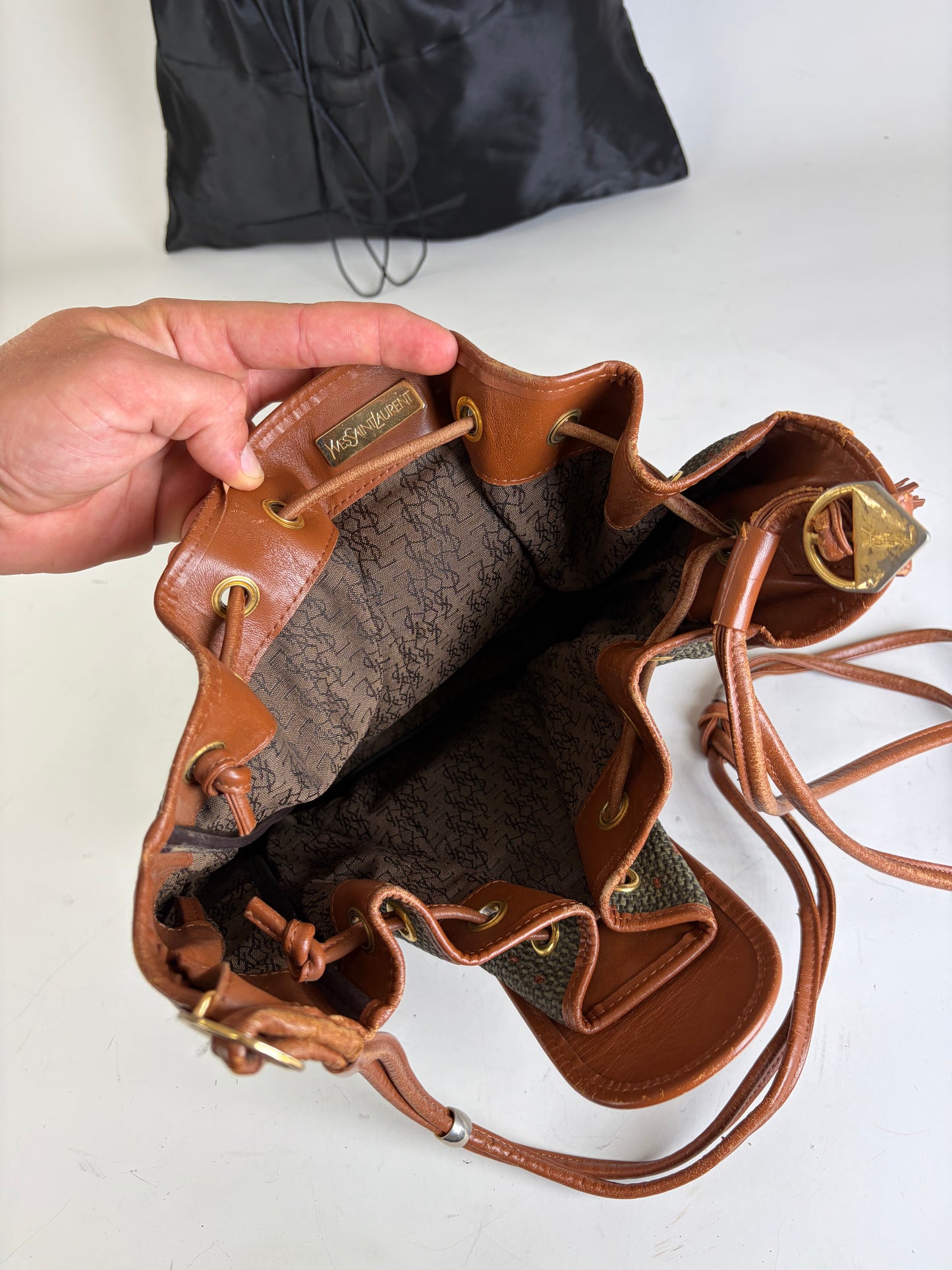 Vintage Yves Saint Laurent Canvas Leather Bucket Bag Tan Olive