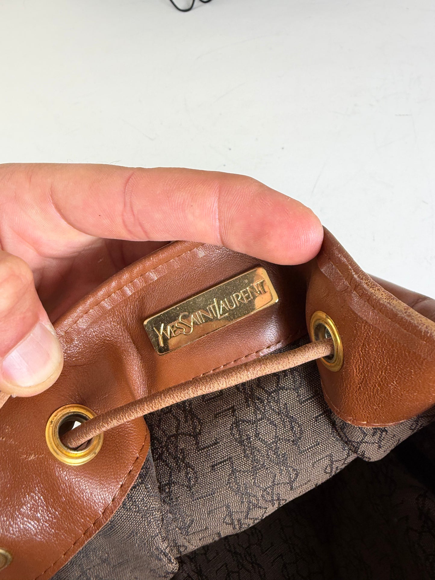 Vintage Yves Saint Laurent Canvas Leather Bucket Bag Tan Olive