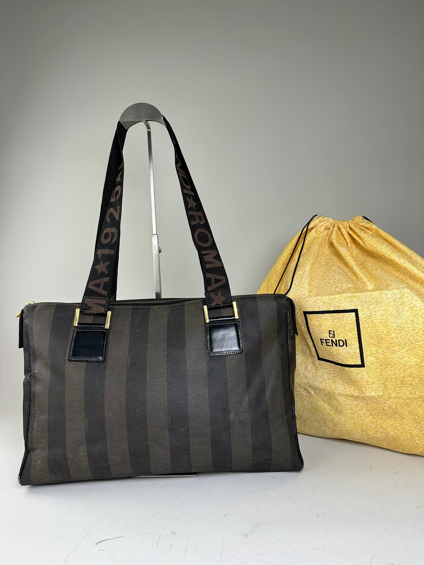 Vintage Fendi Coated Canvas Tote Dark Brown Black Gold