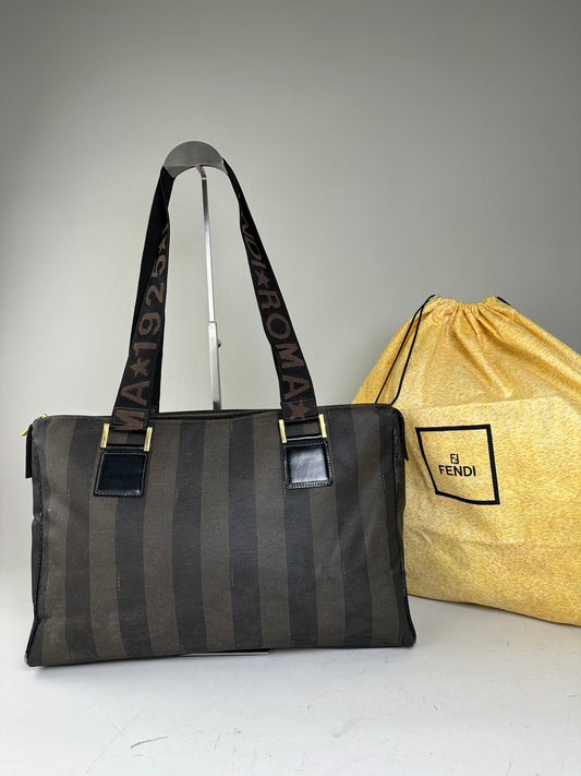 Vintage Fendi Coated Canvas Tote Dark Brown Black Gold