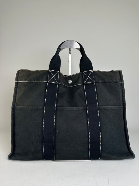 Vintage Hermes Canvas Tote Black Silver