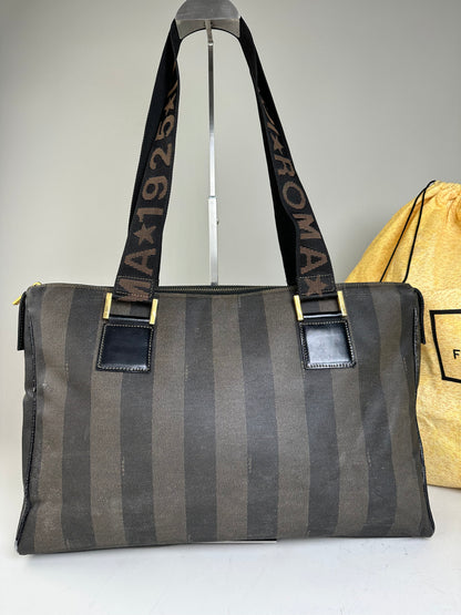 Vintage Fendi Coated Canvas Tote Dark Brown Black Gold