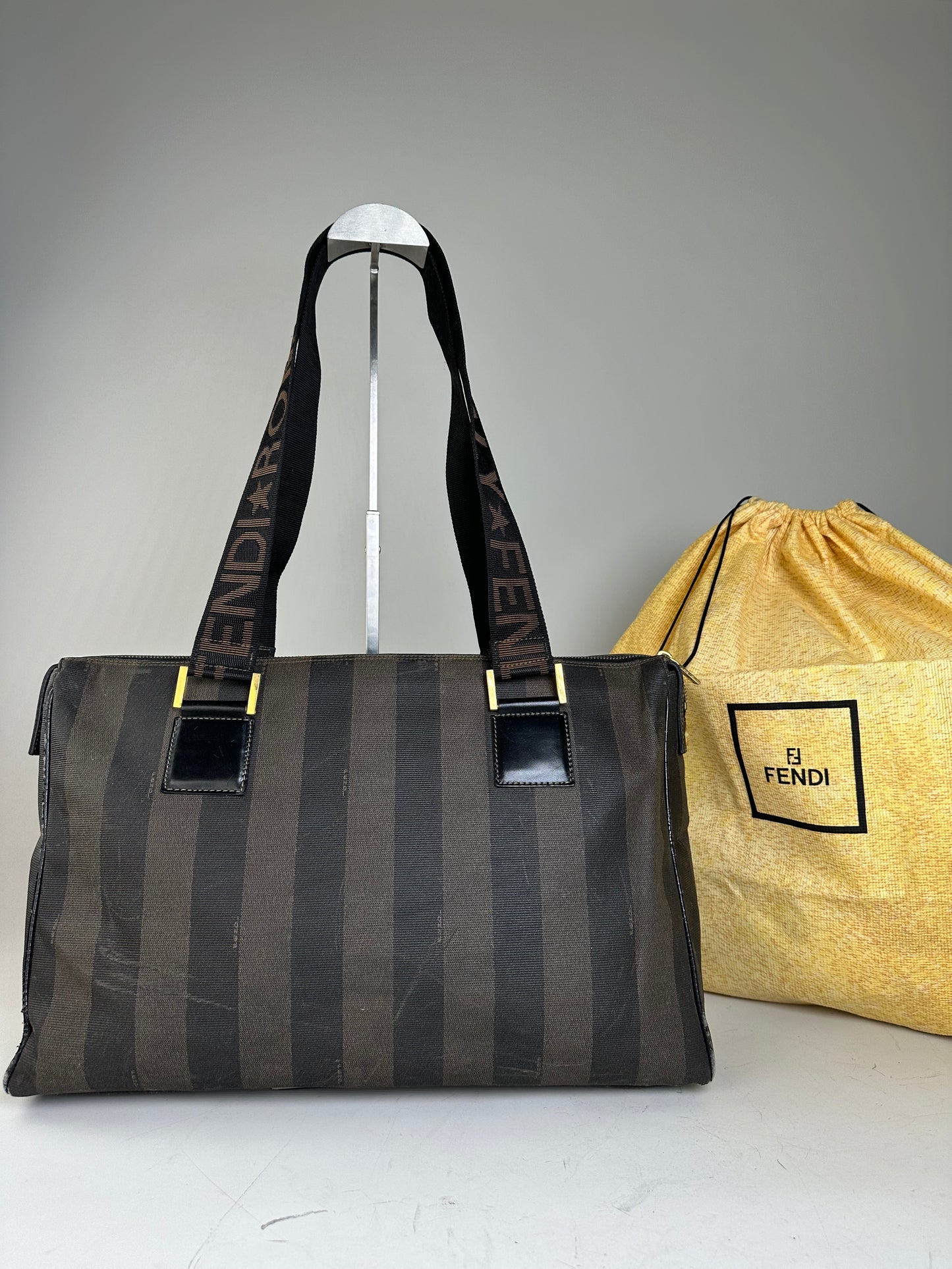 Vintage Fendi Coated Canvas Tote Dark Brown Black Gold