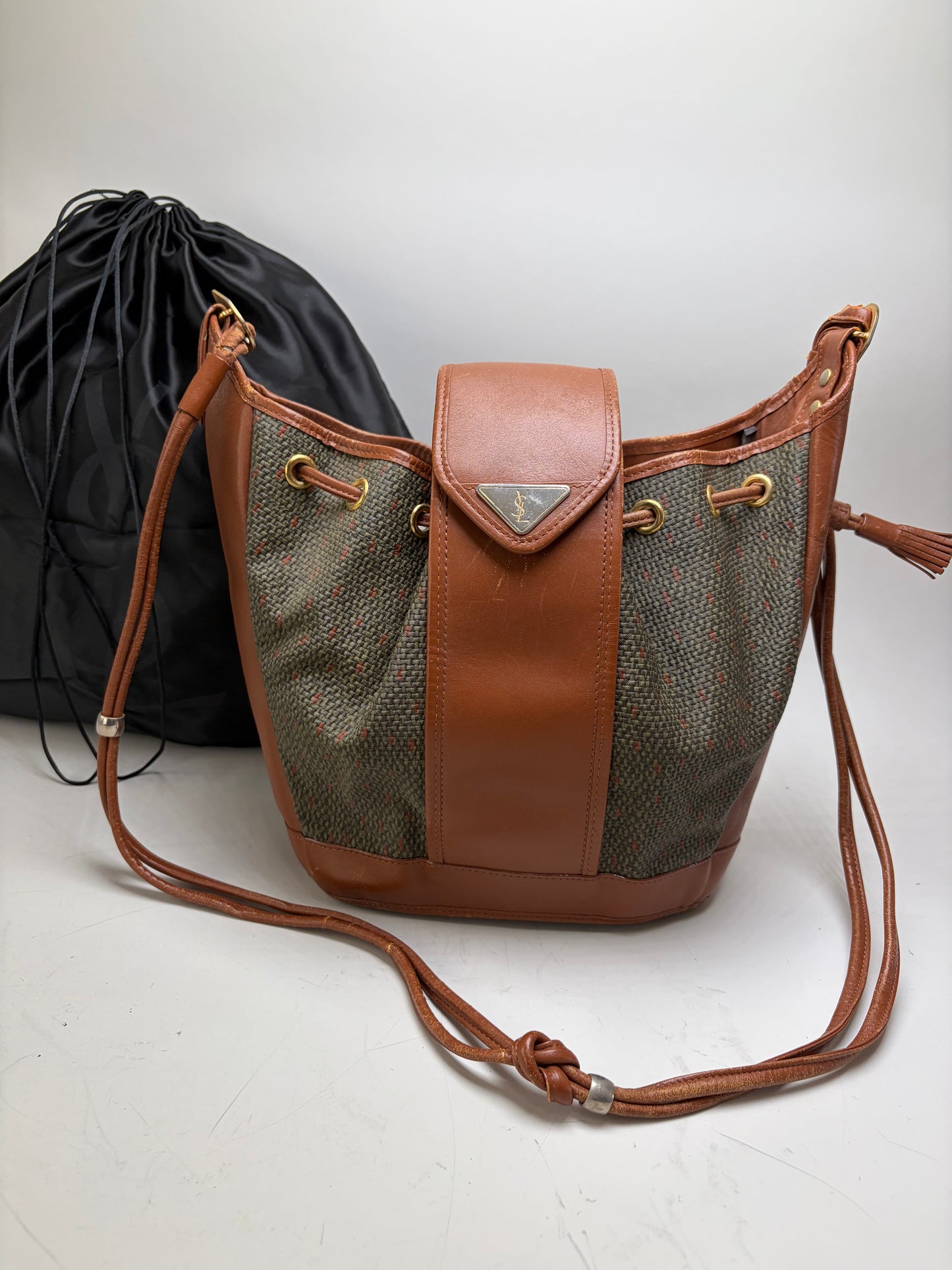 Vintage Yves Saint Laurent Canvas Leather Bucket Bag Tan Olive