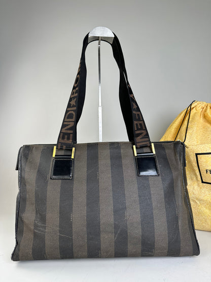 Vintage Fendi Coated Canvas Tote Dark Brown Black Gold