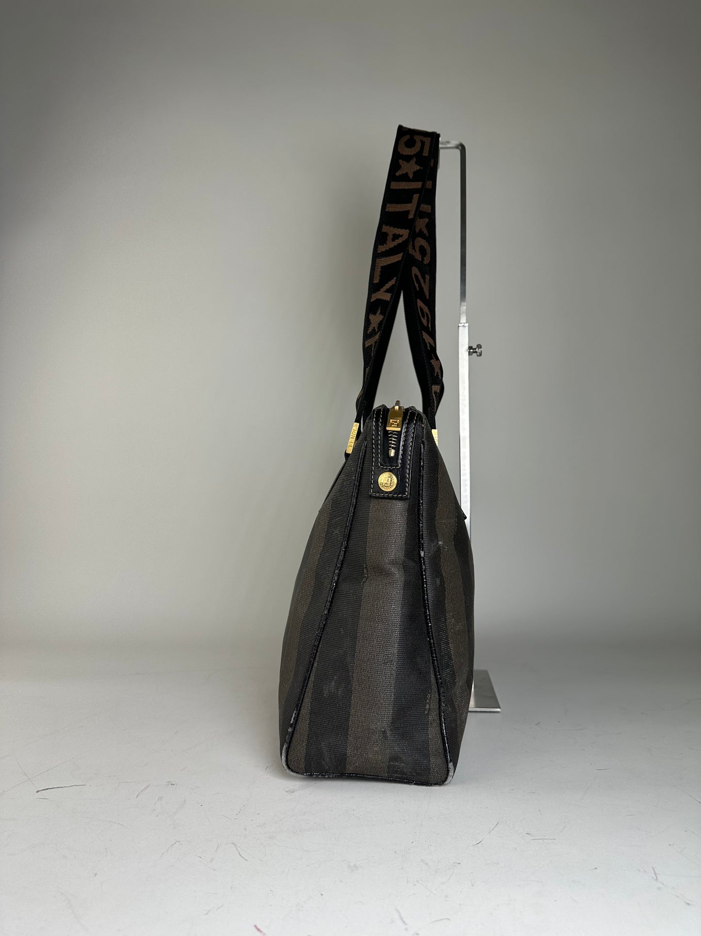 Vintage Fendi Coated Canvas Tote Dark Brown Black Gold