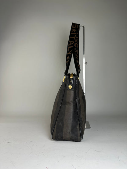 Vintage Fendi Coated Canvas Tote Dark Brown Black Gold