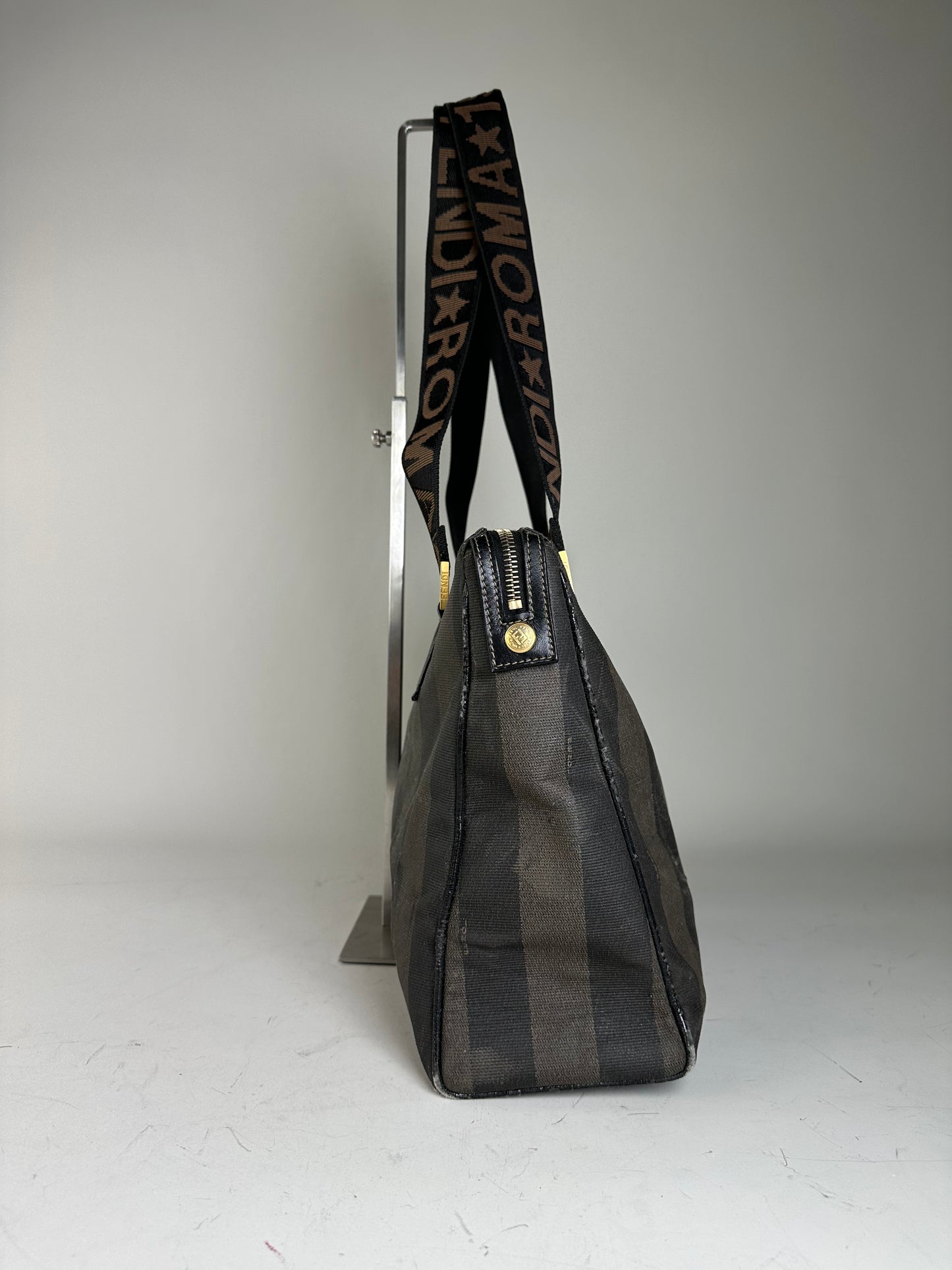 Vintage Fendi Coated Canvas Tote Dark Brown Black Gold