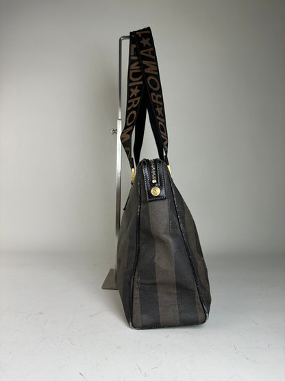 Vintage Fendi Coated Canvas Tote Dark Brown Black Gold