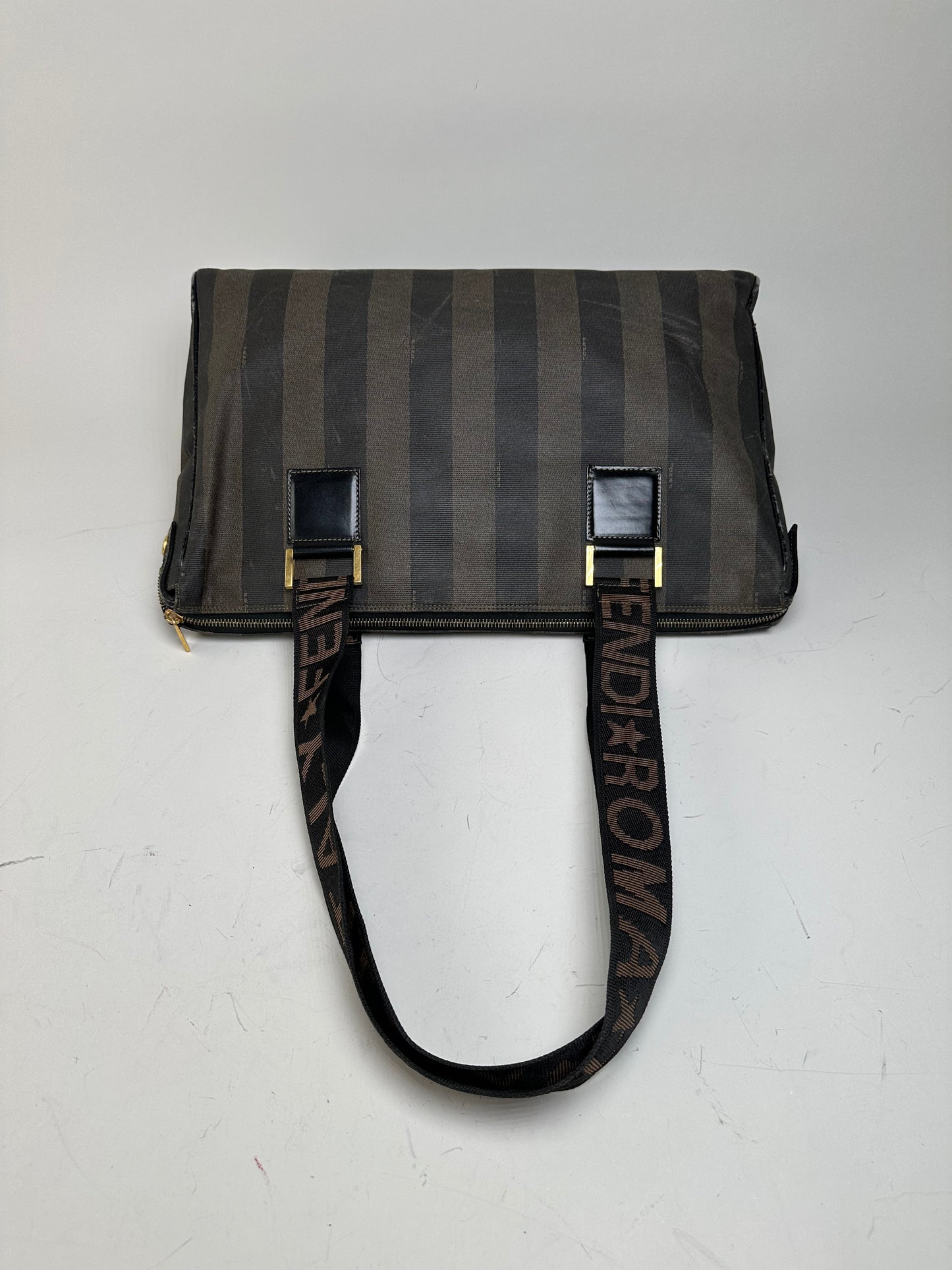 Vintage Fendi Coated Canvas Tote Dark Brown Black Gold