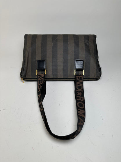 Vintage Fendi Coated Canvas Tote Dark Brown Black Gold