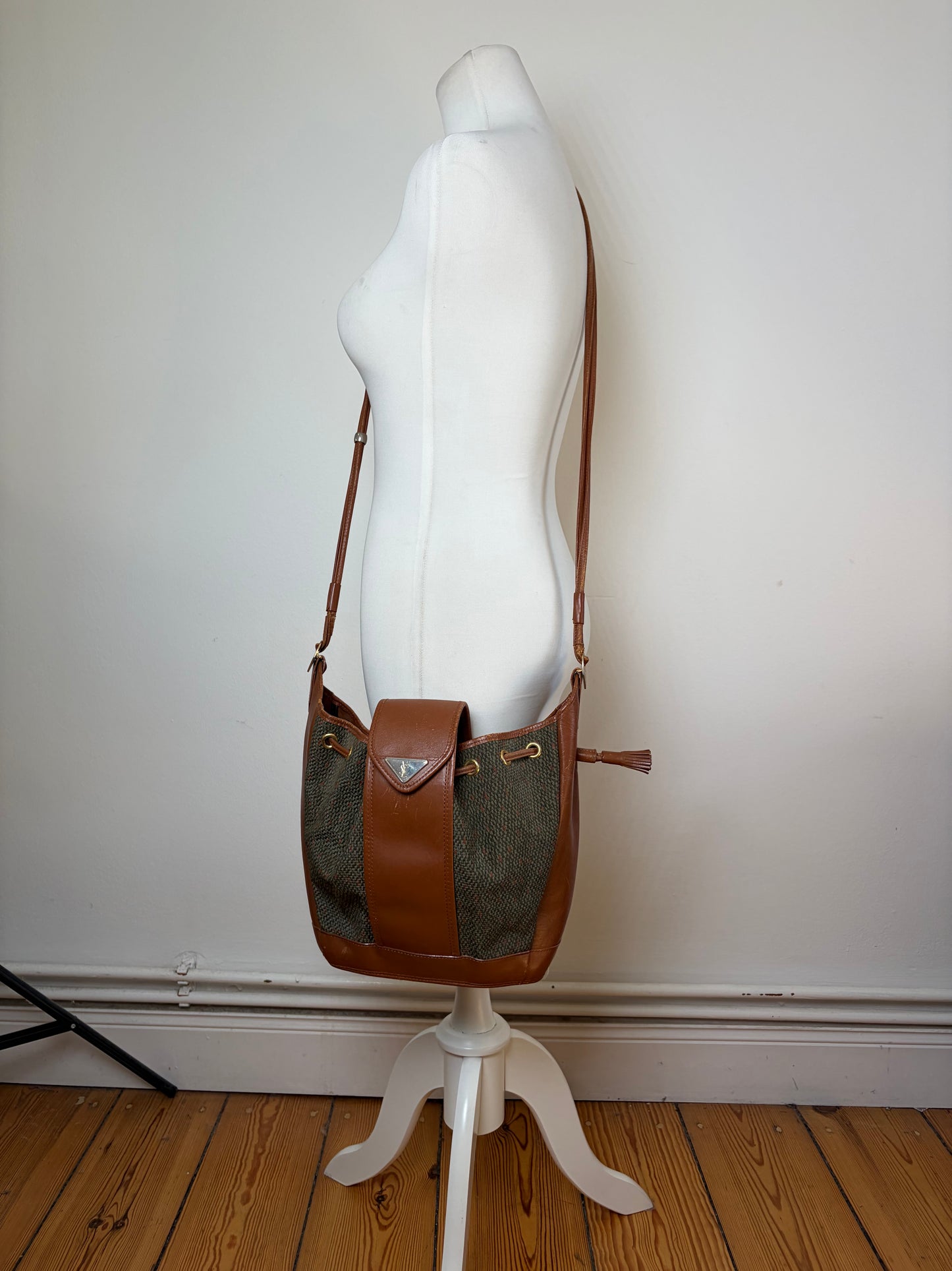Vintage Yves Saint Laurent Canvas Leather Bucket Bag Tan Olive