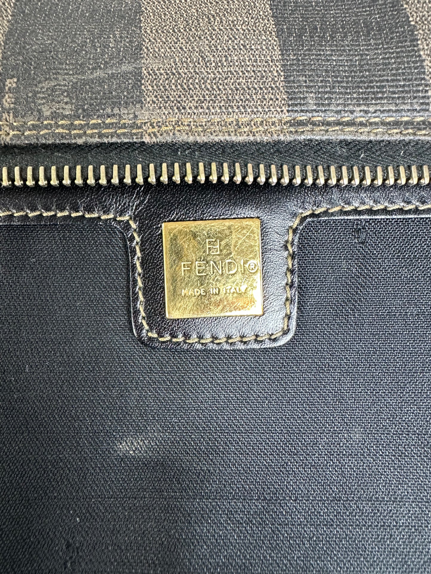 Vintage Fendi Coated Canvas Tote Dark Brown Black Gold