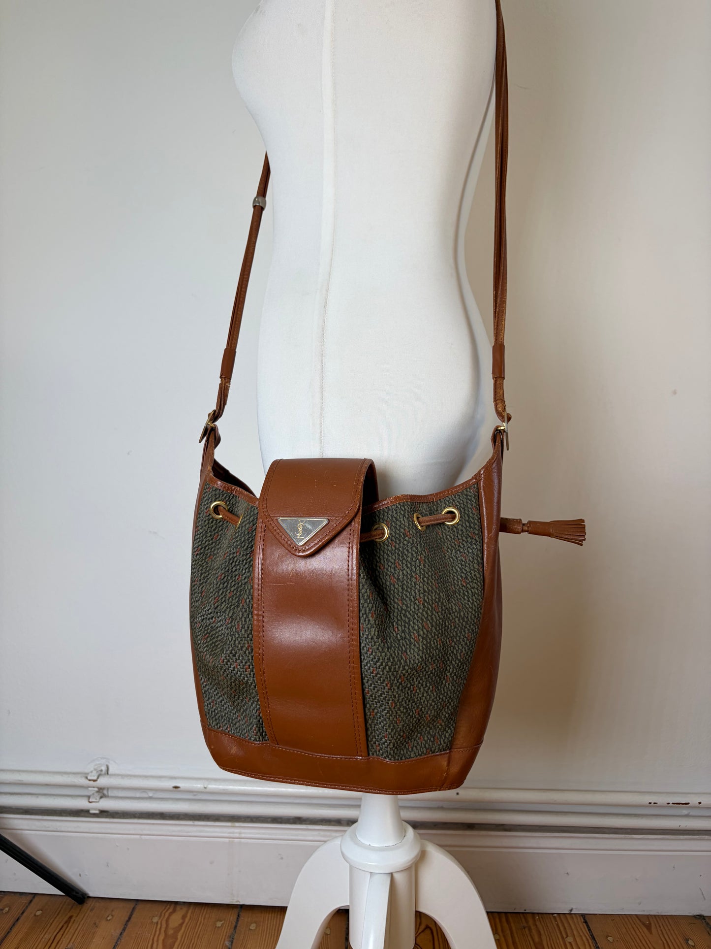 Vintage Yves Saint Laurent Canvas Leather Bucket Bag Tan Olive