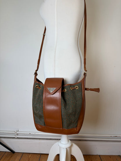 Vintage Yves Saint Laurent Canvas Leather Bucket Bag Tan Olive