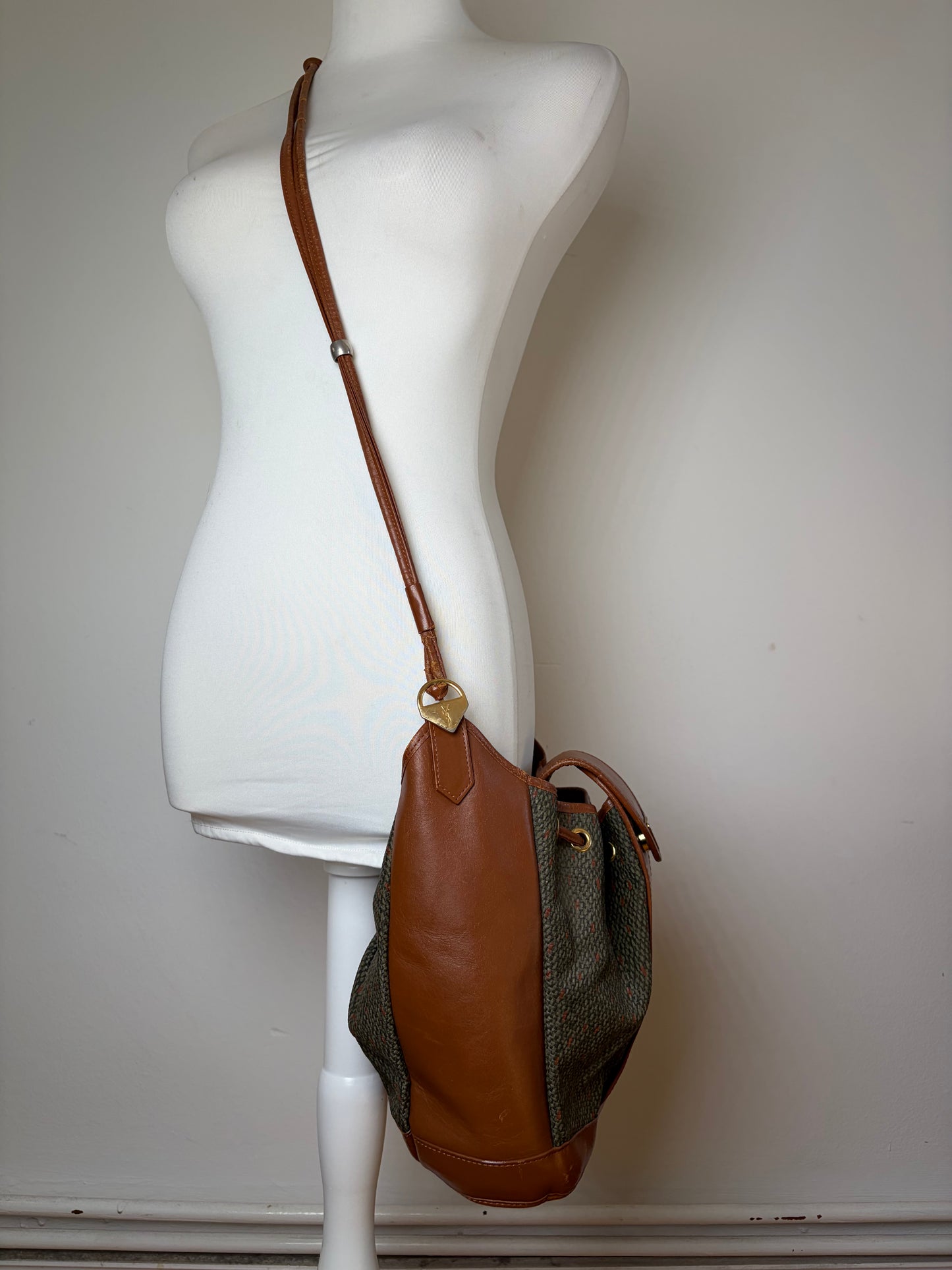 Vintage Yves Saint Laurent Canvas Leather Bucket Bag Tan Olive