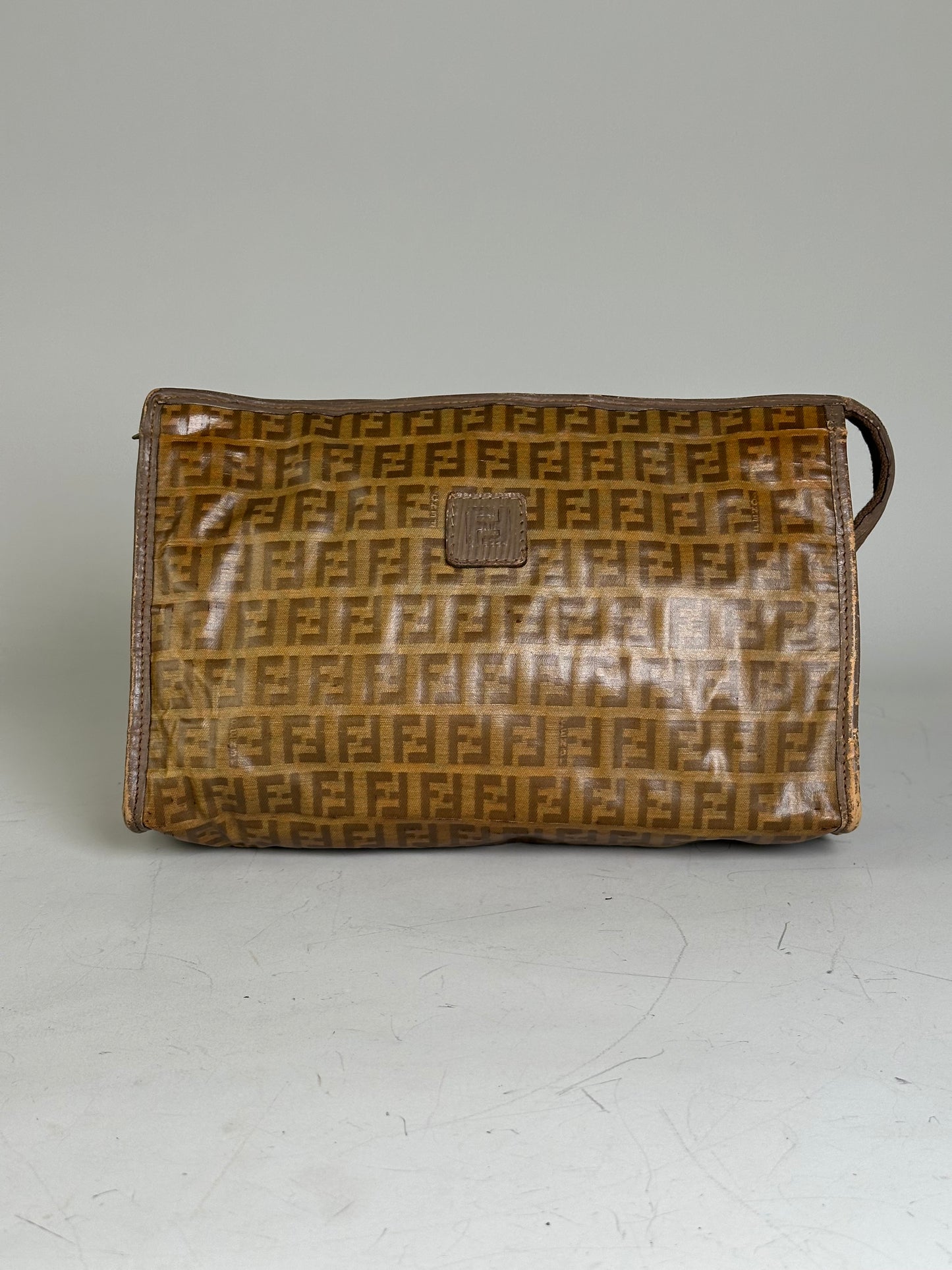 Vintage Fendi FF Monogram Coated Canvas Clutch Brown Tan