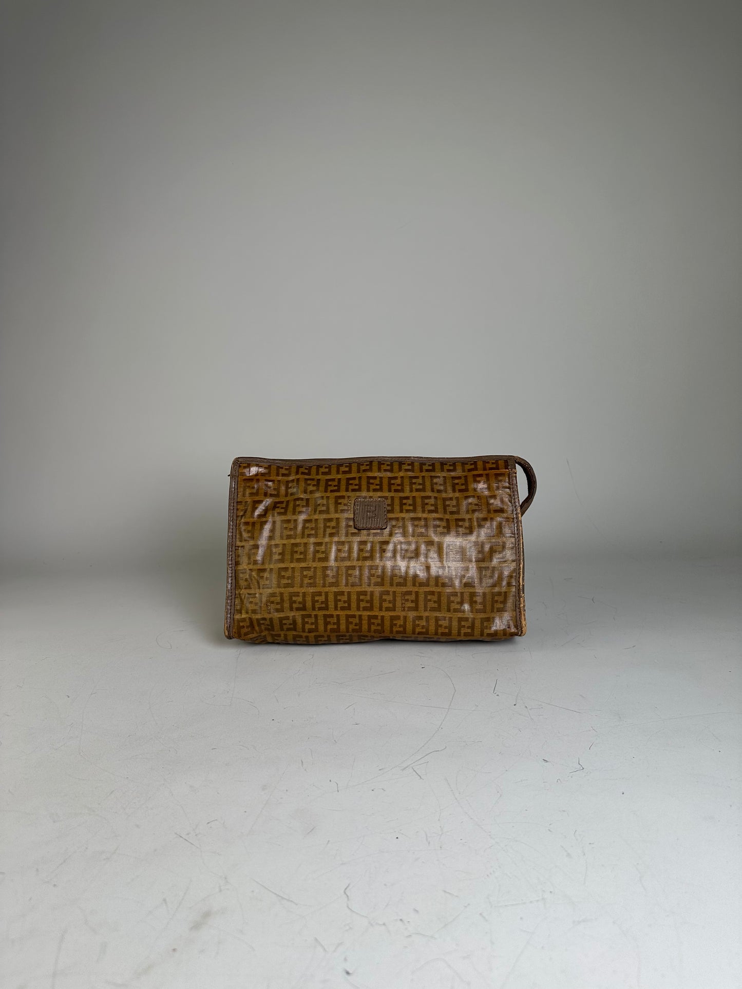 Vintage Fendi FF Monogram Coated Canvas Clutch Brown Tan