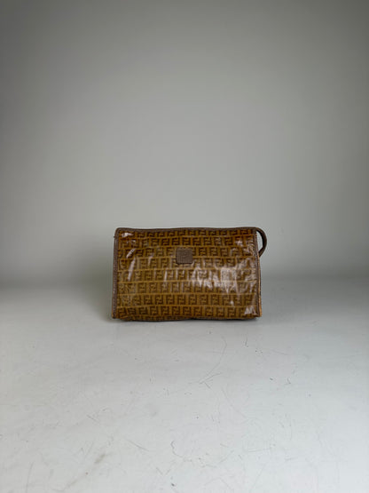 Vintage Fendi FF Monogram Coated Canvas Clutch Brown Tan
