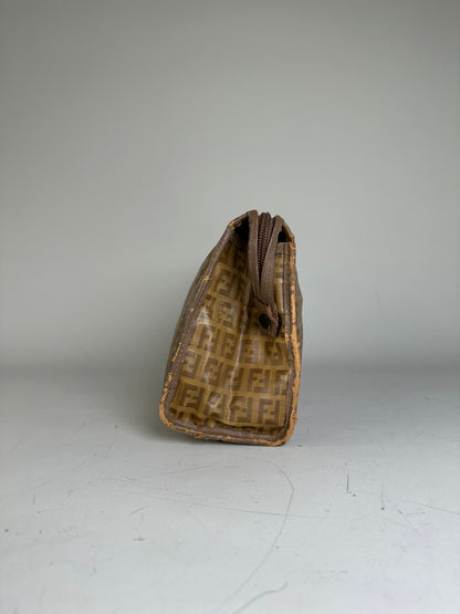 Vintage Fendi FF Monogram Coated Canvas Clutch Brown Tan
