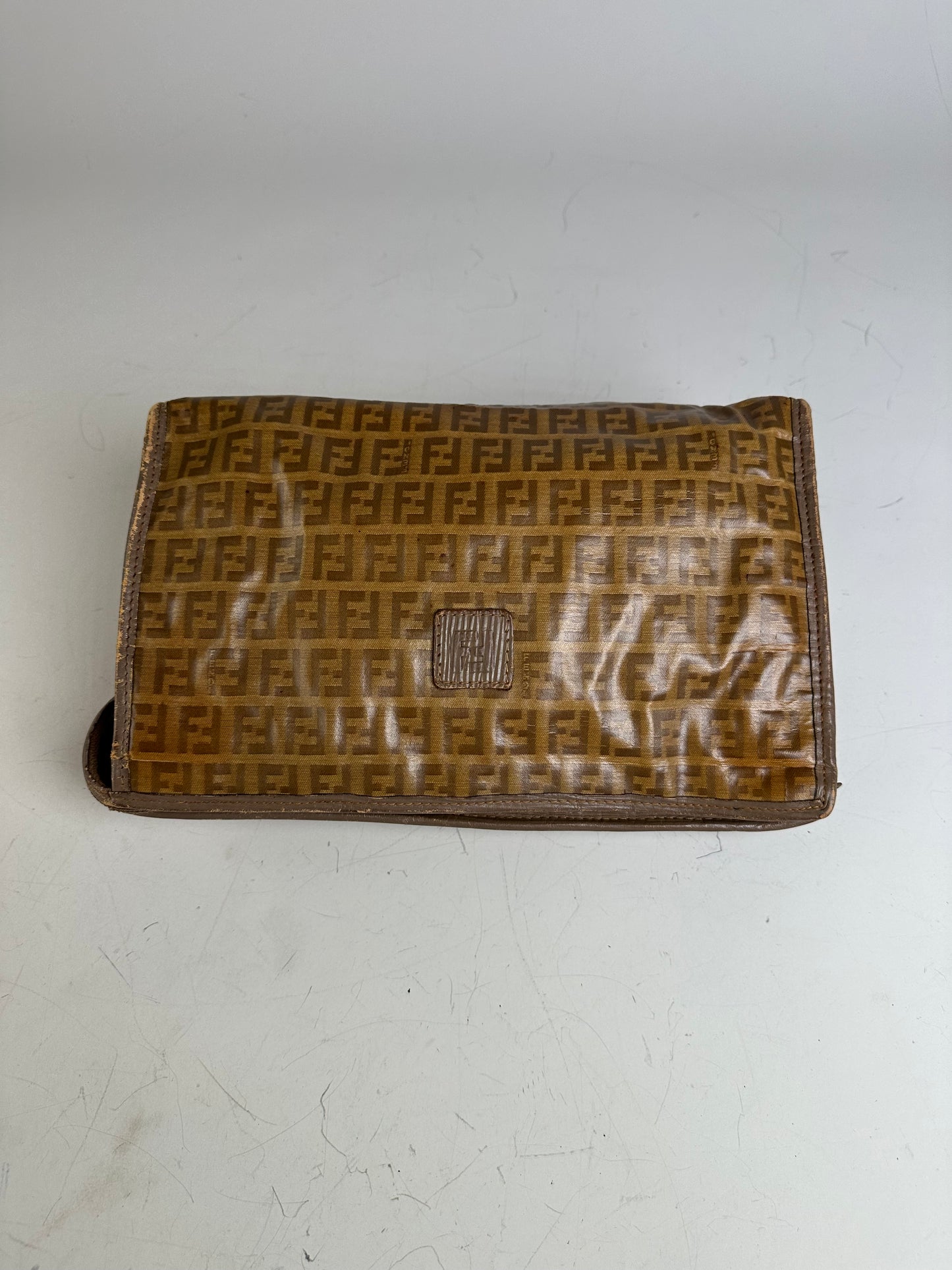 Vintage Fendi FF Monogram Coated Canvas Clutch Brown Tan