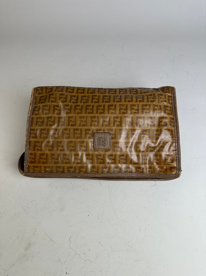 Vintage Fendi FF Monogram Coated Canvas Clutch Brown Tan