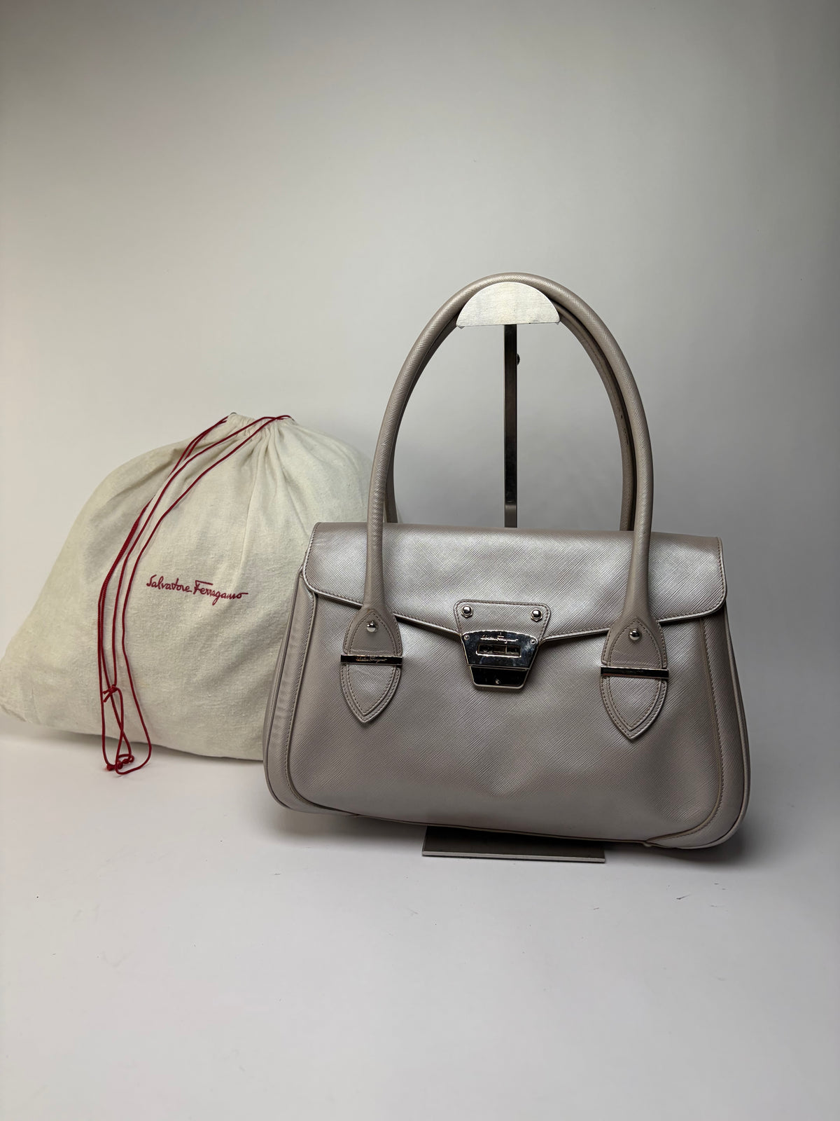 Vintage Salvatore Ferragamo Sofia Saffiano Leather Bag c. 2010 Light Grey