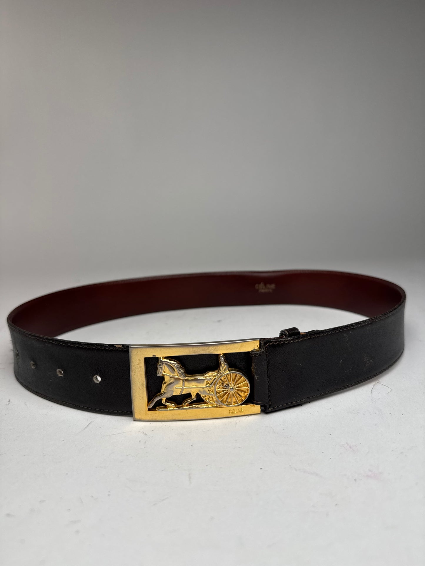 Vintage Celine Paris Leather Belt Black burgundy