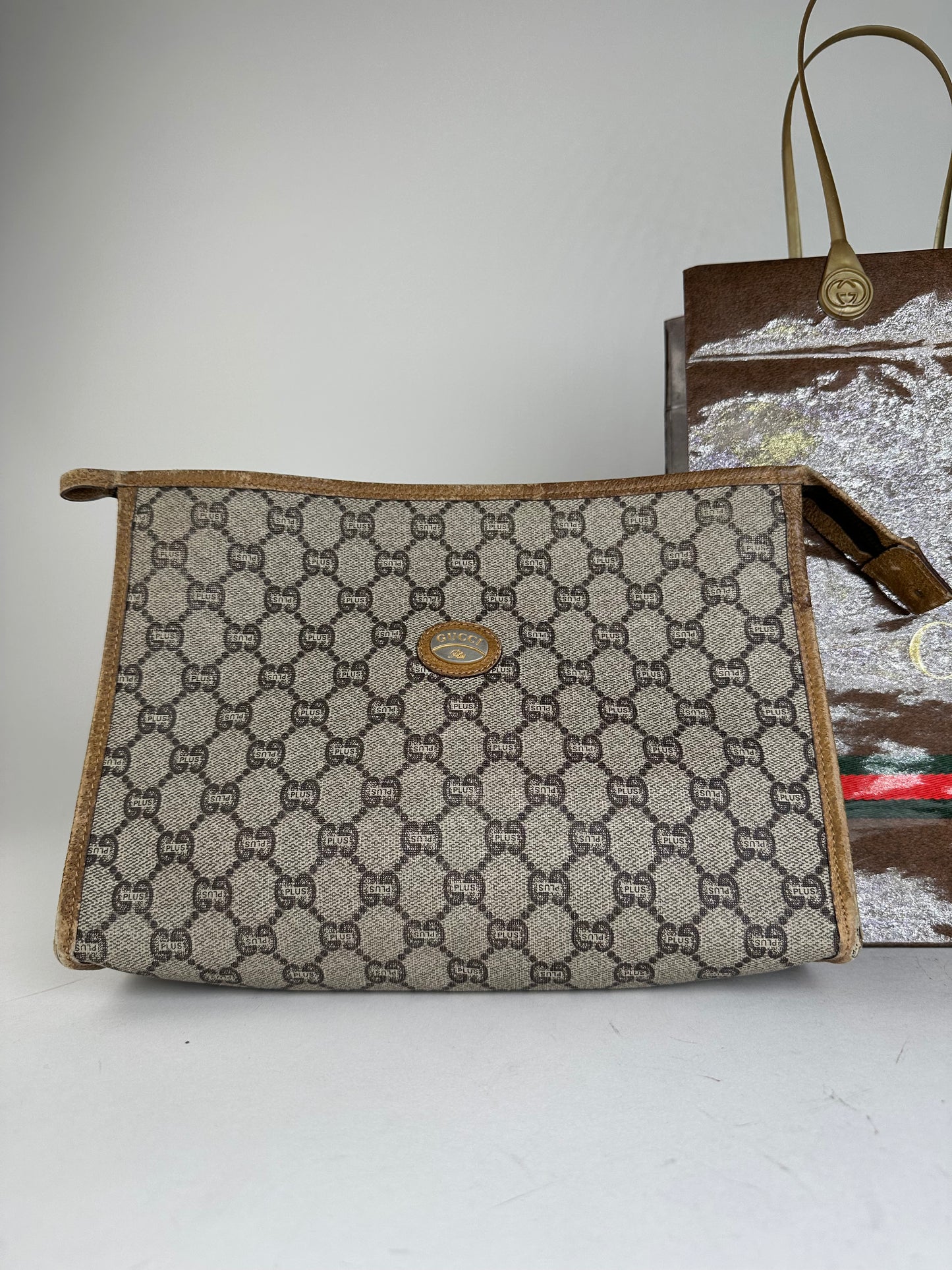 Vintage Gucci GG Plus Canvas Clutch Beige