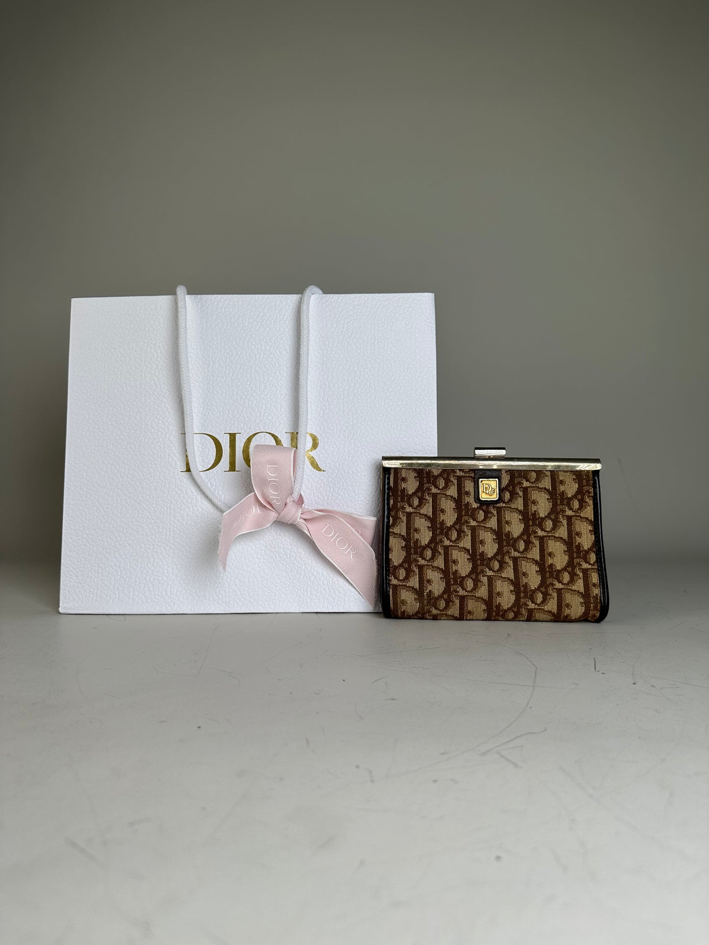Vintage Dior Oblique Jacquard Coin Purse Beige Brown Silver