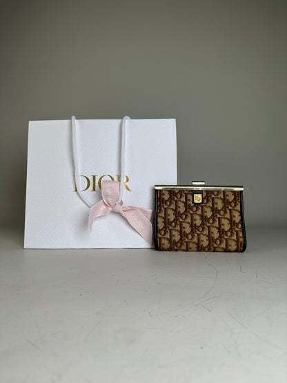 Vintage Dior Oblique Jacquard Coin Purse Beige Brown Silver