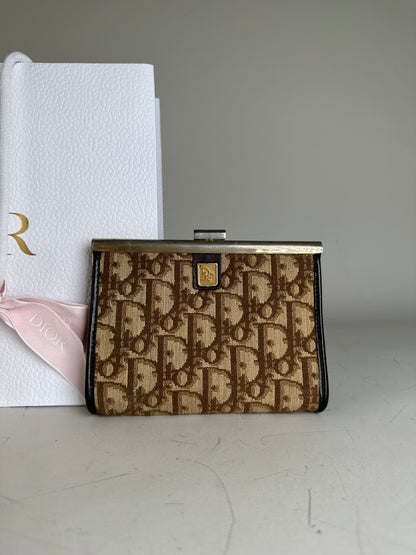 Vintage Dior Oblique Jacquard Coin Purse Beige Brown Silver
