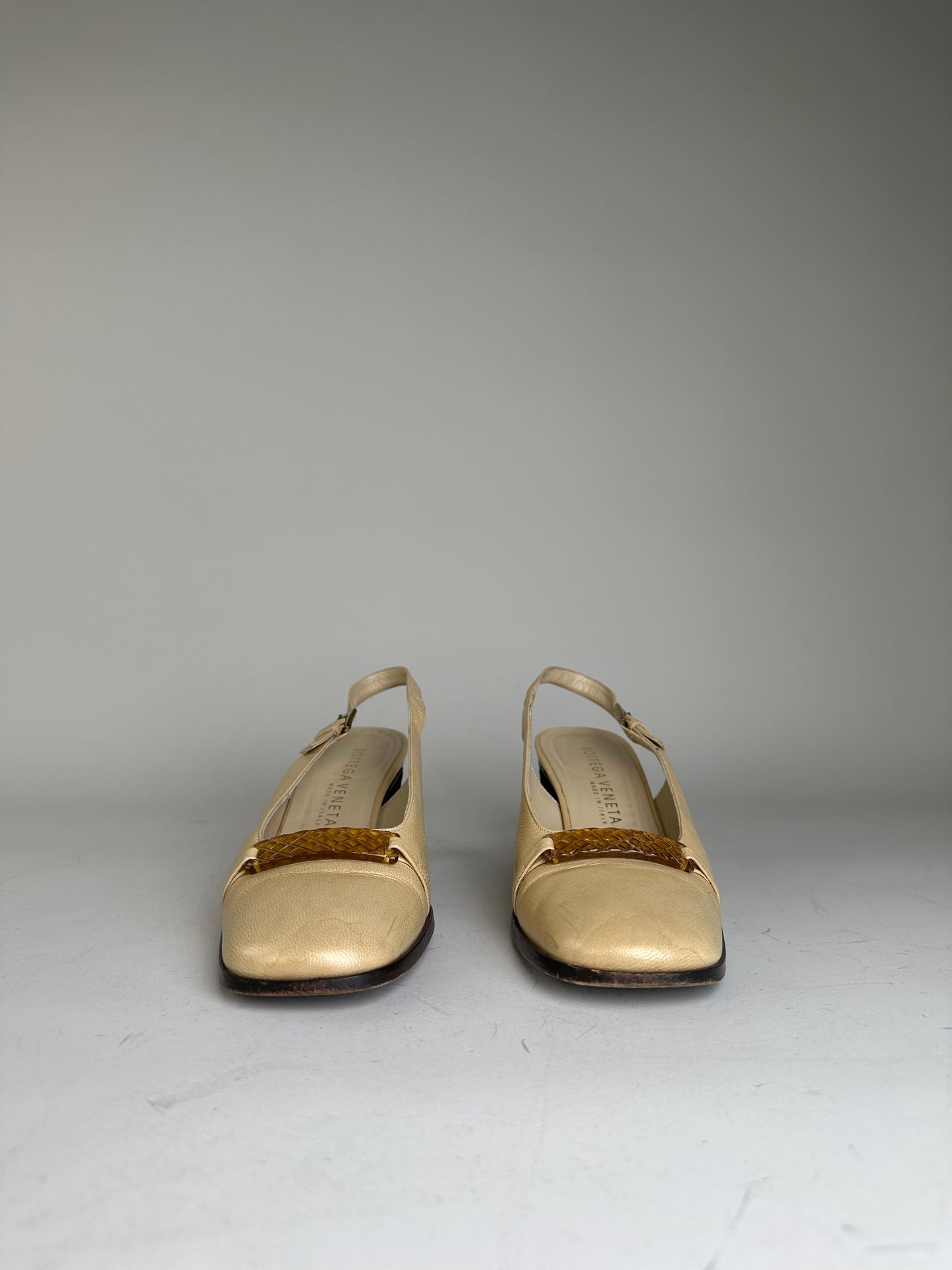 Vintage Bottega Veneta Leather Slingback Heels Light Gold EU35.5