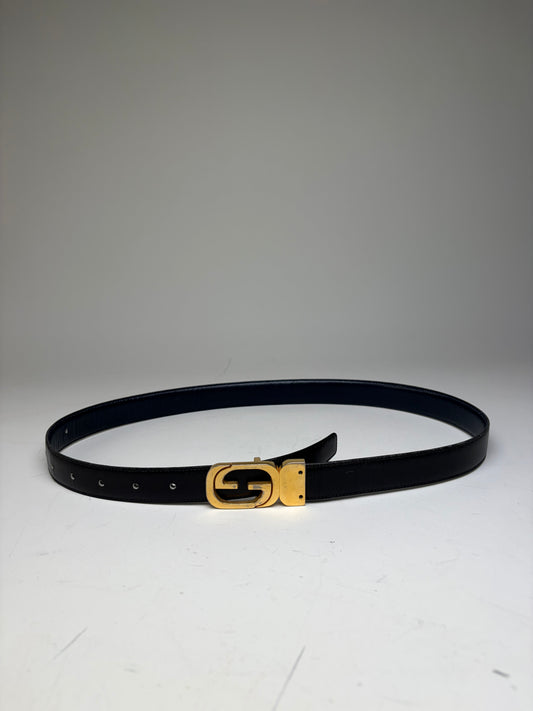 Vintage Gucci GG Logo Leather Belt Black Gold