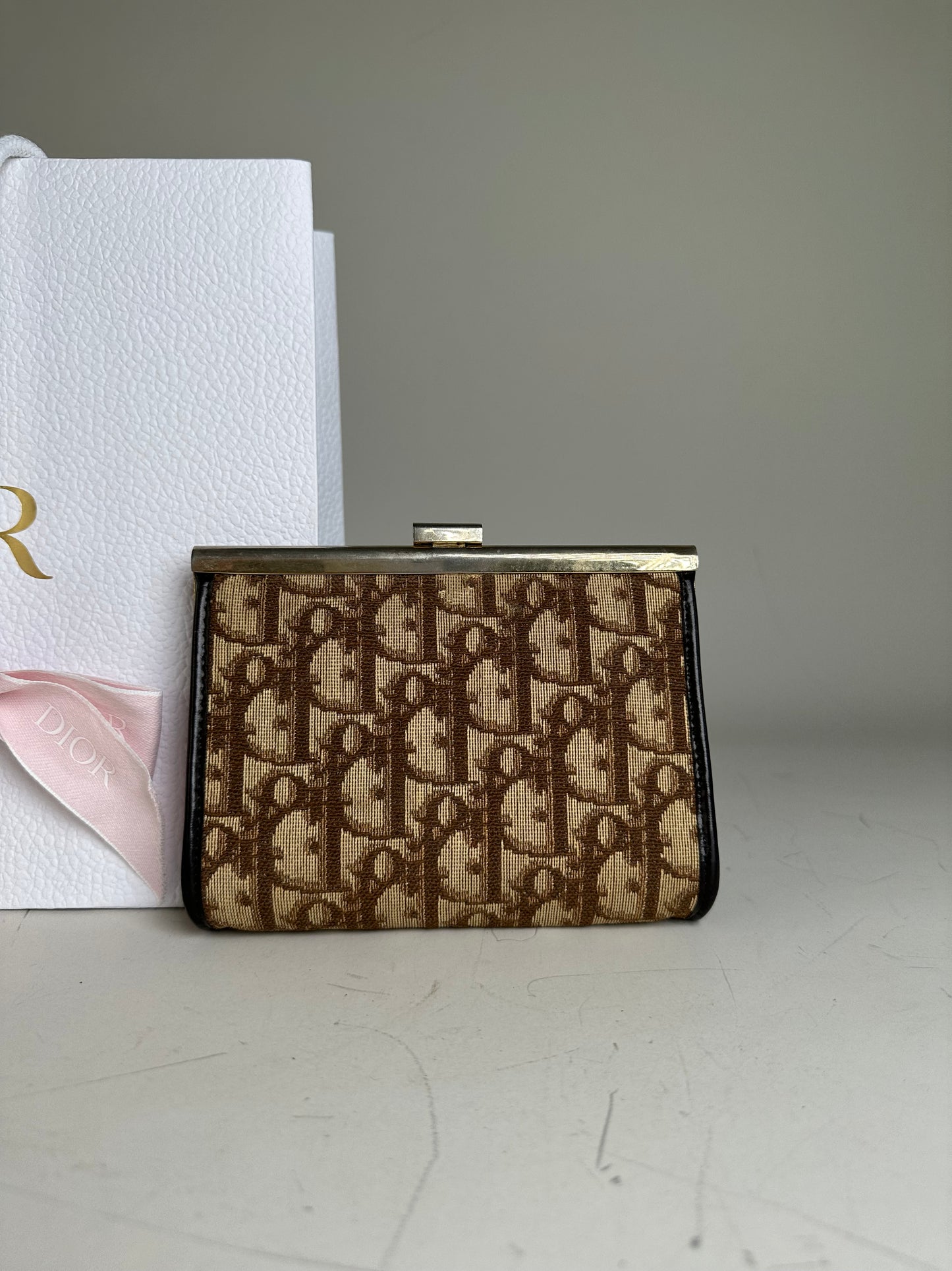 Vintage Dior Oblique Jacquard Coin Purse Beige Brown Silver