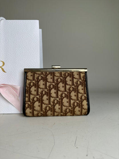 Vintage Dior Oblique Jacquard Coin Purse Beige Brown Silver
