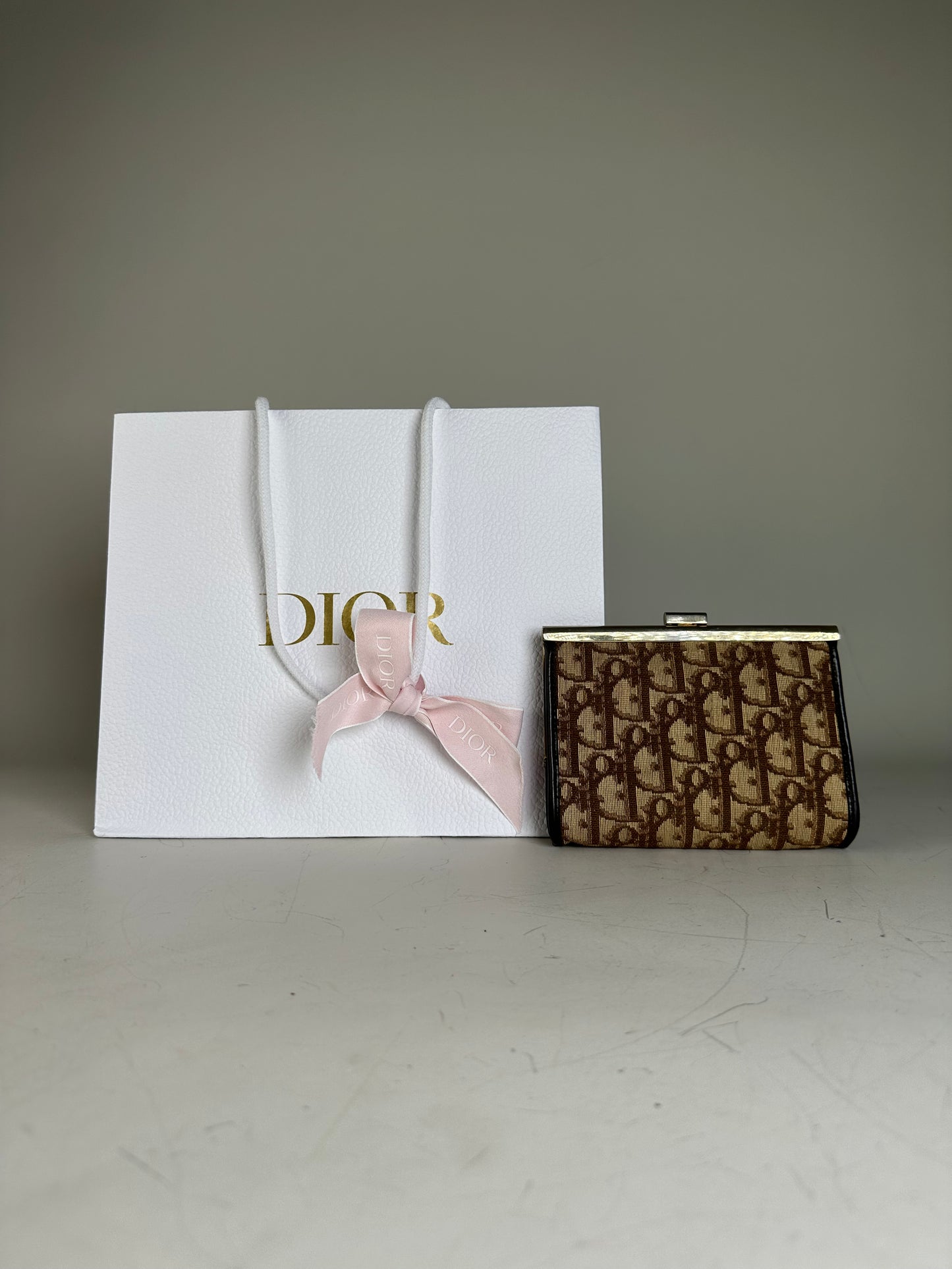 Vintage Dior Oblique Jacquard Coin Purse Beige Brown Silver