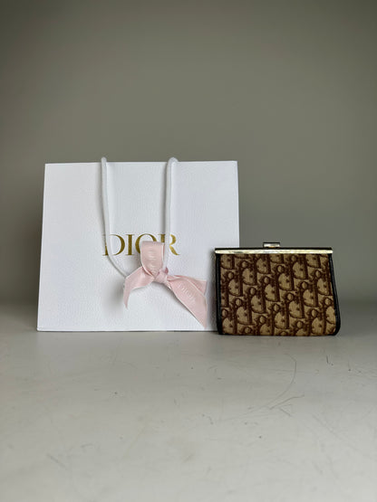 Vintage Dior Oblique Jacquard Coin Purse Beige Brown Silver