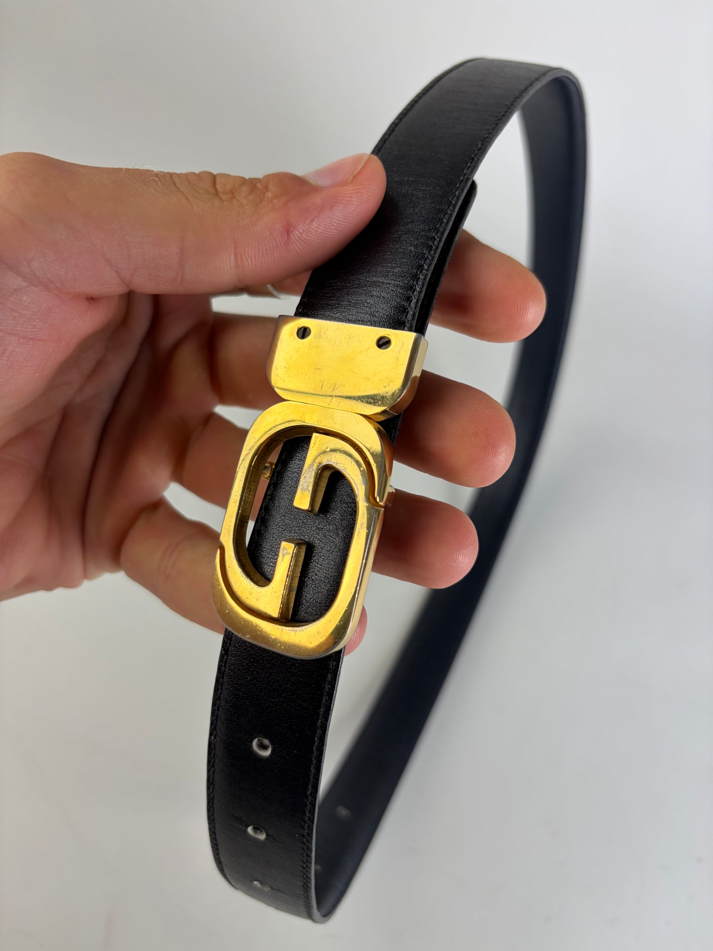 Vintage Gucci GG Logo Leather Belt Black Gold