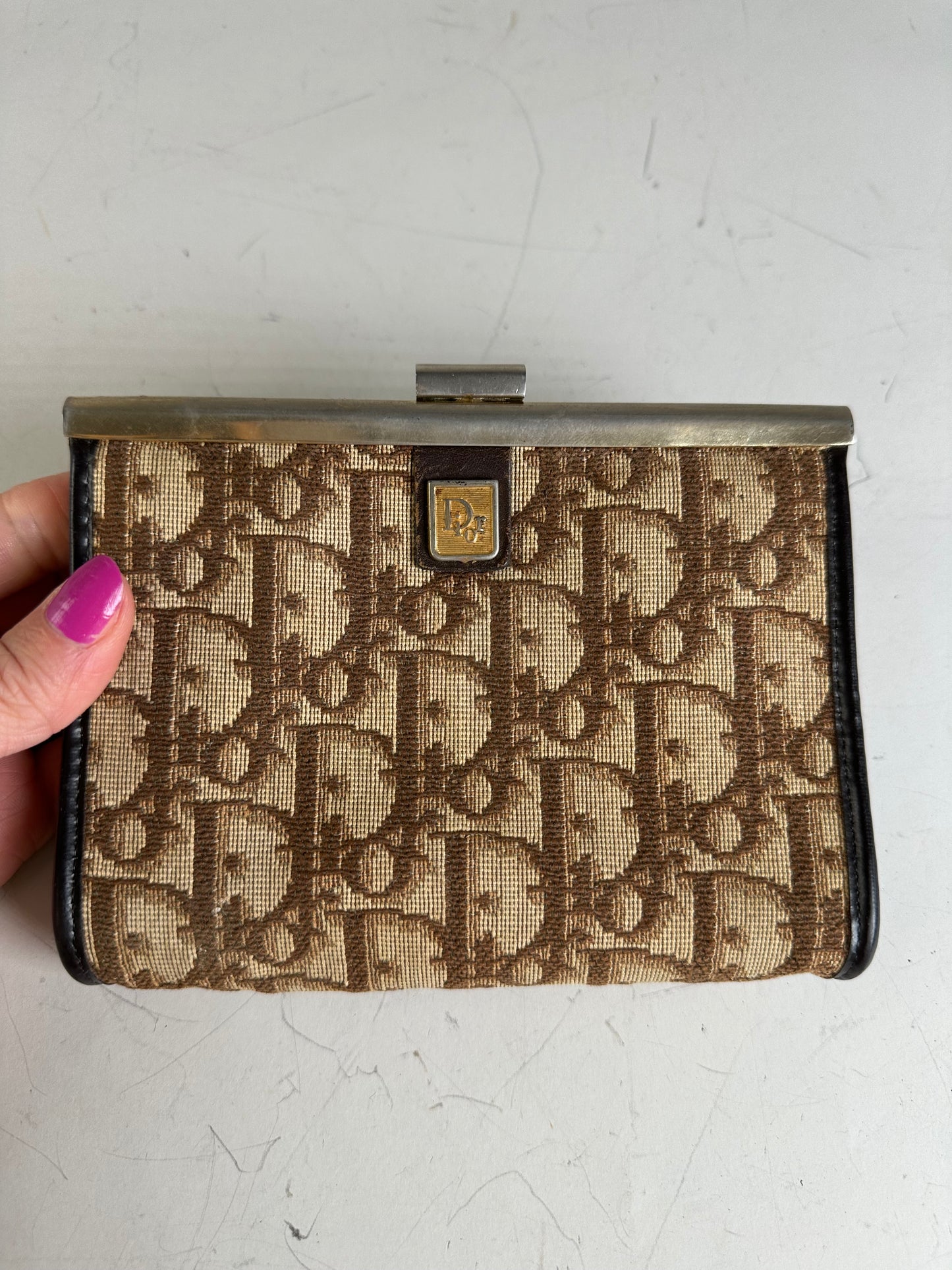 Vintage Dior Oblique Jacquard Coin Purse Beige Brown Silver