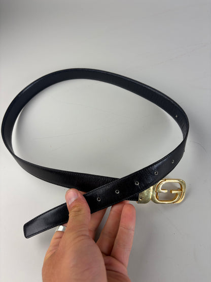 Vintage Gucci GG Logo Leather Belt Black Gold