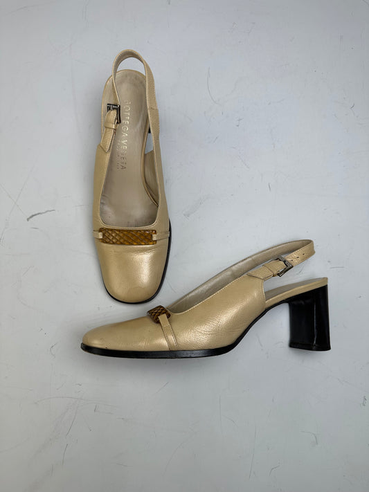 Vintage Bottega Veneta Leather Slingback Heels Light Gold EU35.5