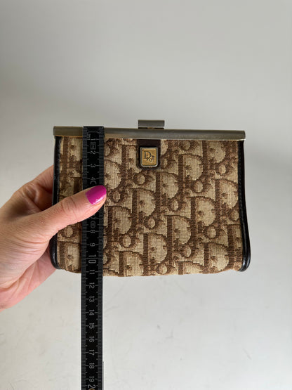 Vintage Dior Oblique Jacquard Coin Purse Beige Brown Silver