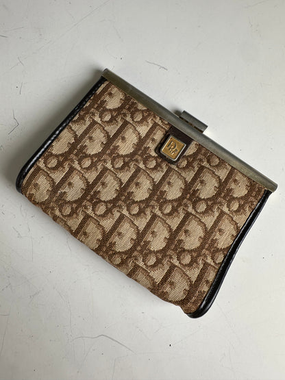 Vintage Dior Oblique Jacquard Coin Purse Beige Brown Silver