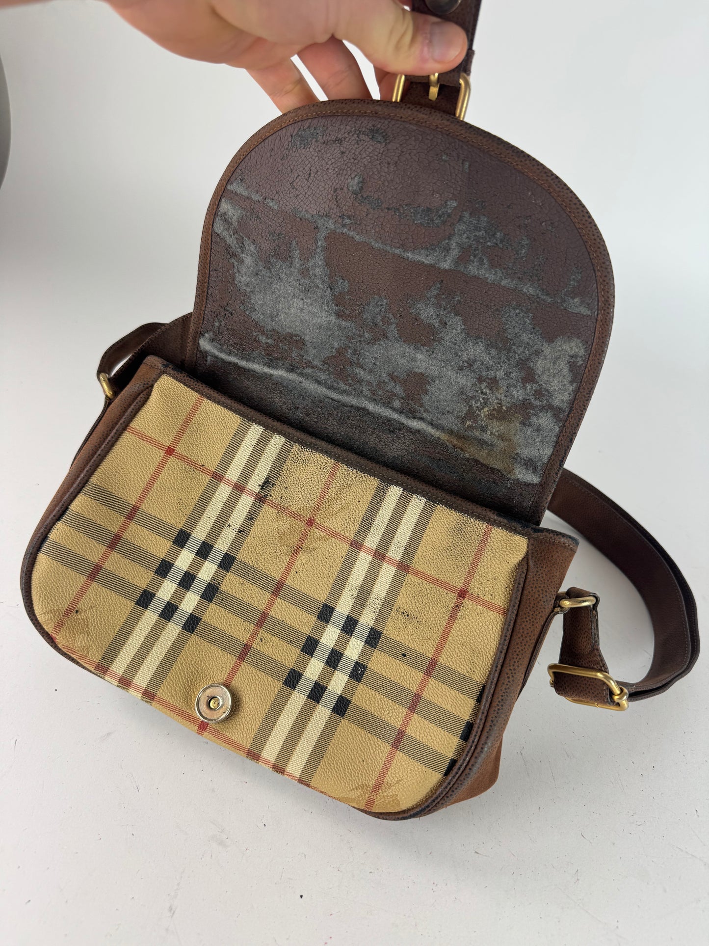 Vintage Burberry 2Way Nova Check Leather Bag Beige Brown