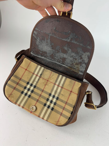 Vintage Burberry 2Way Nova Check Leather Bag Beige Brown