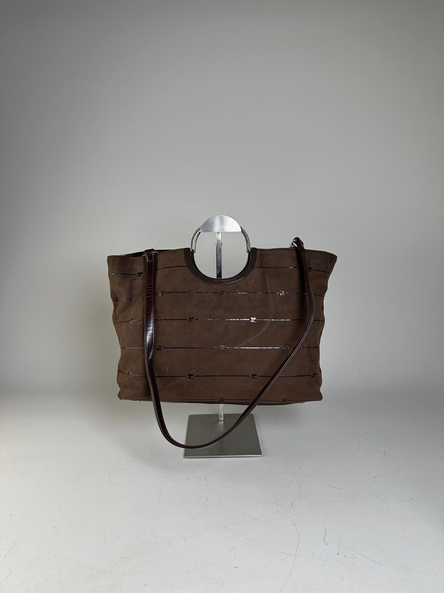 Vintage Courreges Suede Leather Trim Tote Brown Silver